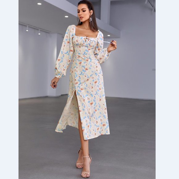 Floral Tie Front Square Neck Split Midi Dress - Picture 3 of 5